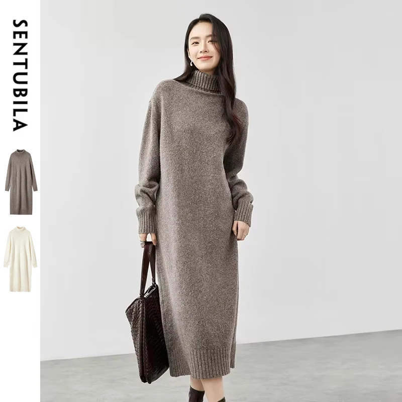 SENTUBILA Wool Blend Turtleneck Sweater Dresses Women 2024 Winter Loose Drop Long Sleeve Knit Dress Female Knitwear W44L57648