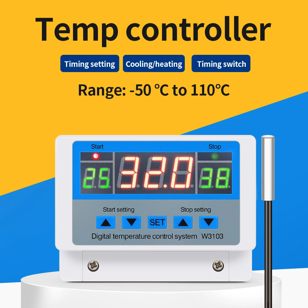 W3103 Digital Temperature Controller AC 110-220V High Power 30A Automatic Thermostat Heat/Cooling/Timing Adjustable Temperature