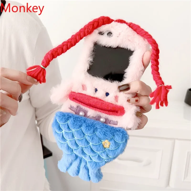3D Cute Plush Mermaid Girls Gift Phone Case For Samsung Galaxy Z Flip 3 4 5 6 Case 1 2 Flip5 flip3 Winter Fluffy Hair Hard Cover