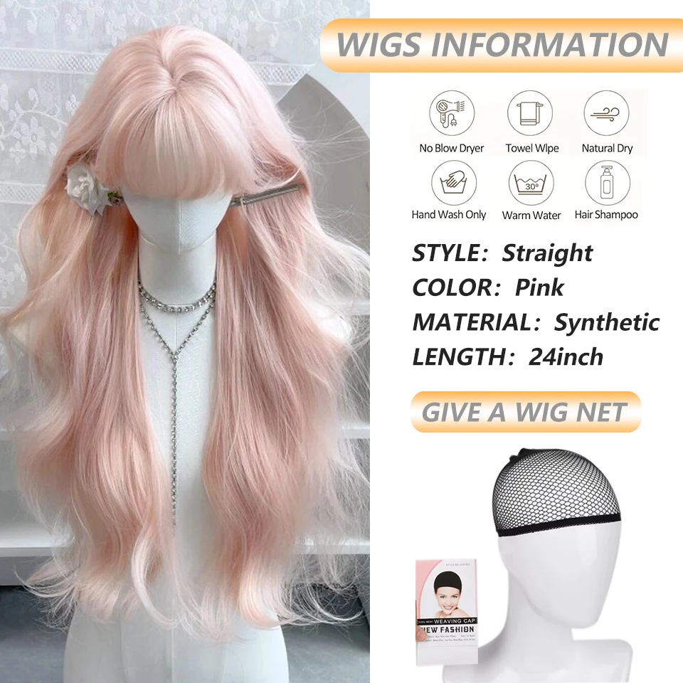 Synthetic Wavy Pink Wig with Bangs Natural Long Curly Hair Cosplay Lolita Layered Wig for Women Daily Use Wig Heat Resistant
