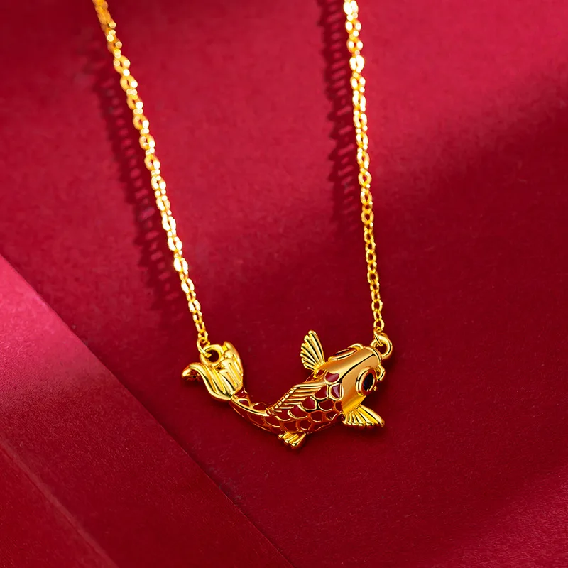 

Pure 14K Yellow Gold Carp Pendant Necklace Lucky Chain Necklaces Real Gold Chain for Women Fine Jewelry Christmas Gifts