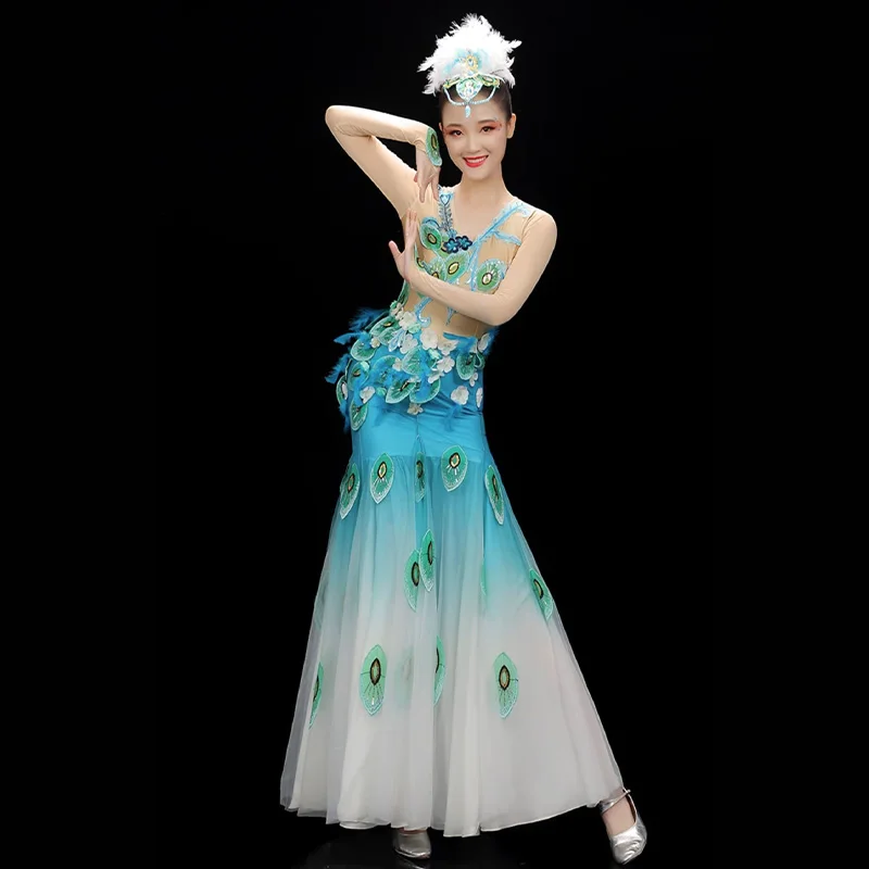 Copricapo lungo con piume di pavone per spettacoli di danza classica Fascia per capelli da principessa per ragazze Accessorio per feste in costume con copricapo flapper vintage