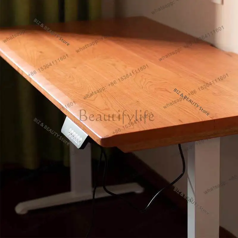 FG Solid Cherry Wood Electric Standing Desk Smart Height Adjustable Desk Modern Home Office Workstation Study & Computer Work JT