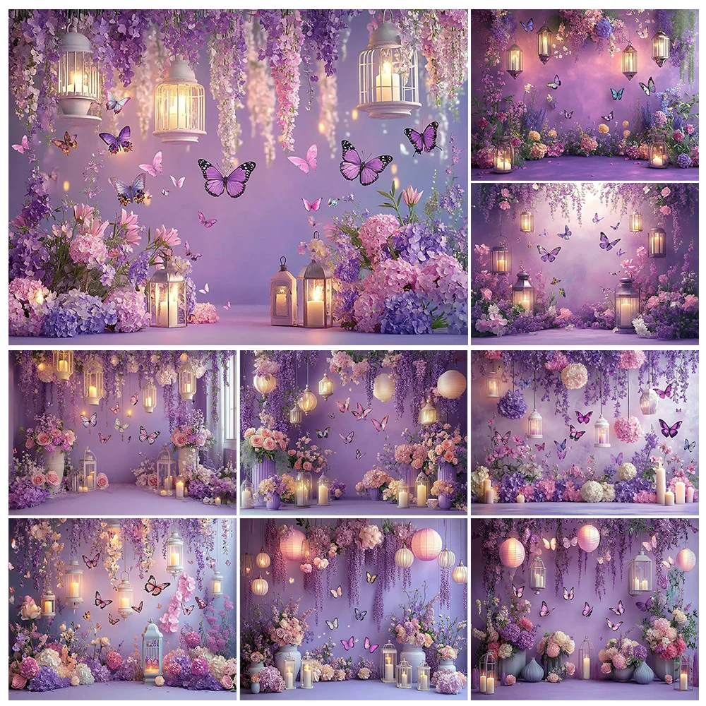 

LS Butterfly Newborn Kids Birthday Backdrop Purple Flowers Children Cake Smash Backdrops for Photo Studio Decorations Props