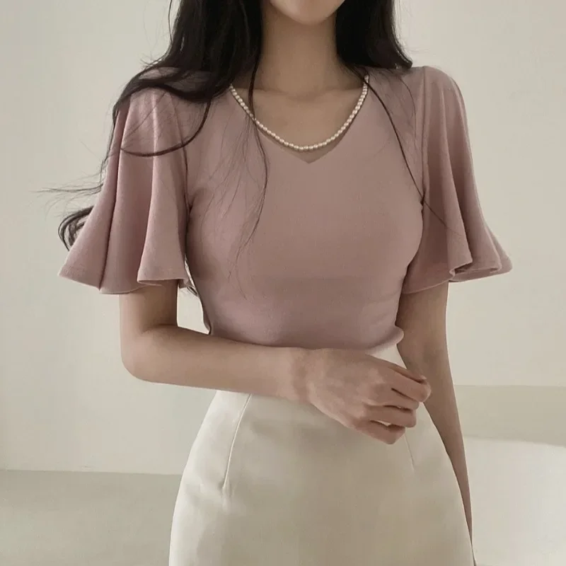 2024 Shirts for Women Temperament V-neck Flare Short Sleeve Top Slim Fit Crop Ropa Mujer Pink T-shirt Korean Ruffled Tshirt