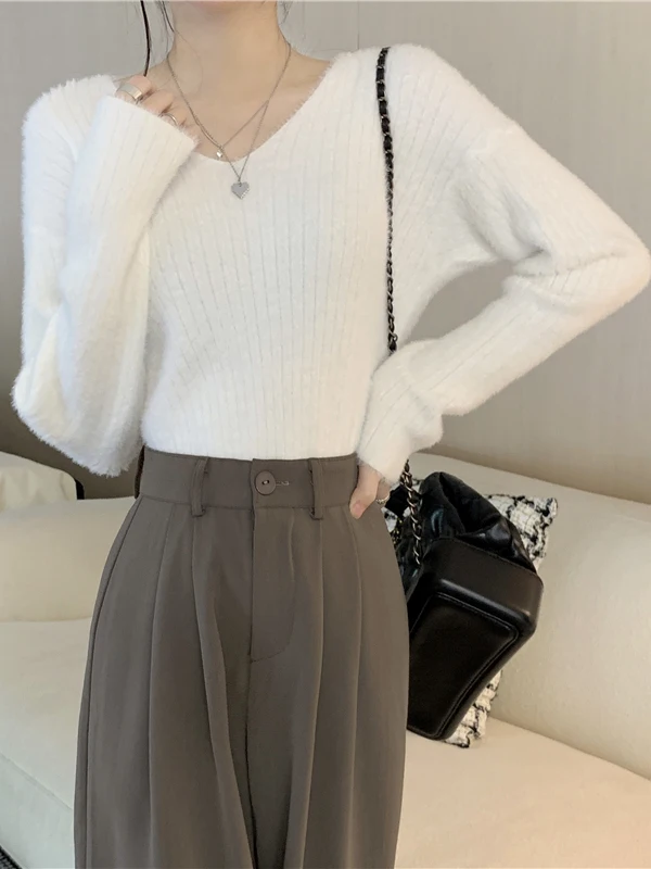 

Retro Faux Mink Sweater V-Ne Oversized Lazy Sle Women's Top Warm Autumn Winter Knitwear Soft Cozy Inner Wear Casual Commu...