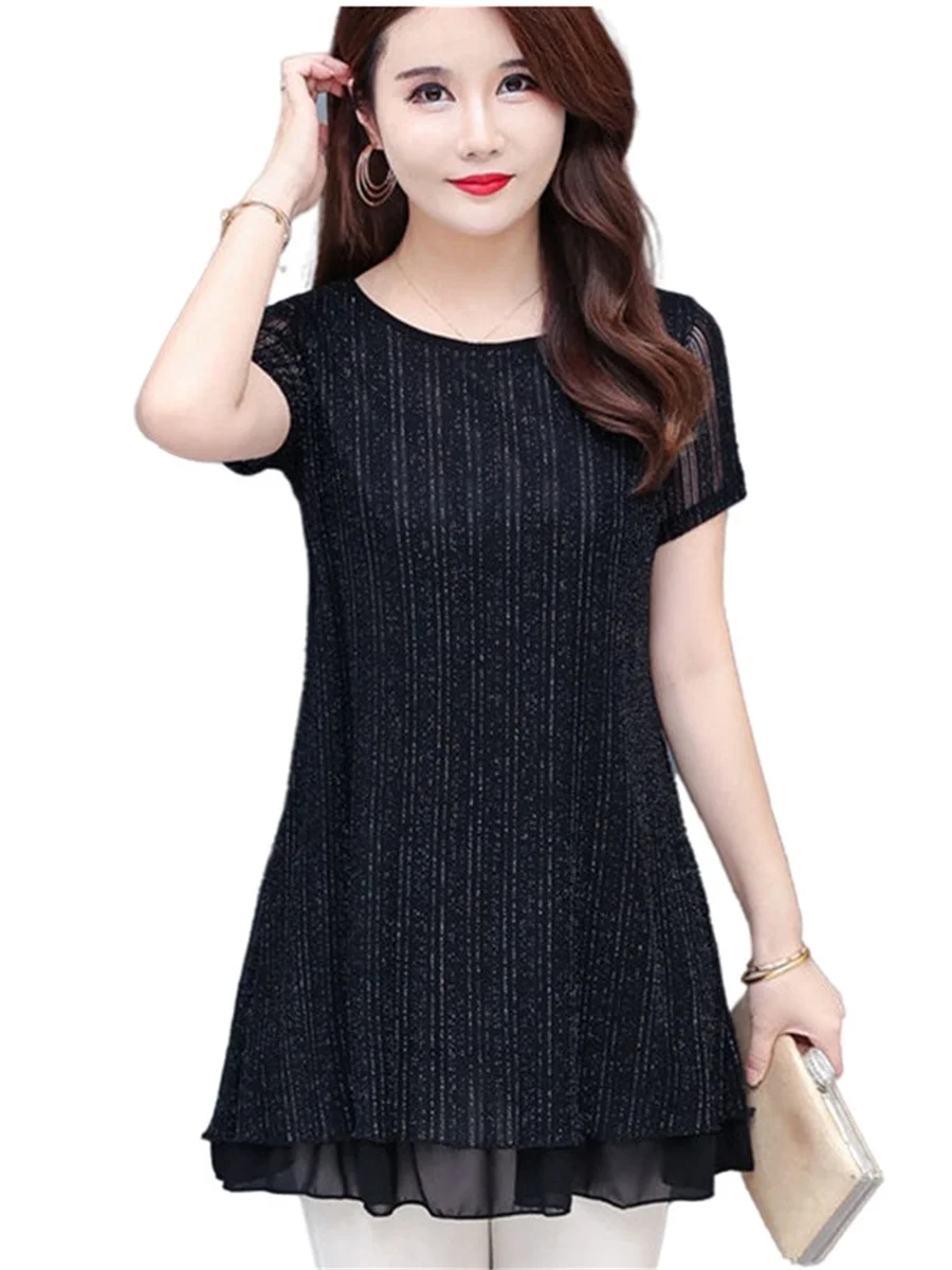 5XL Women Spring Summer Blouses Shirts Lady Fashion Casual Short Sleeve O-Neck Collar Sexy Lace Blusas Tops TT2227