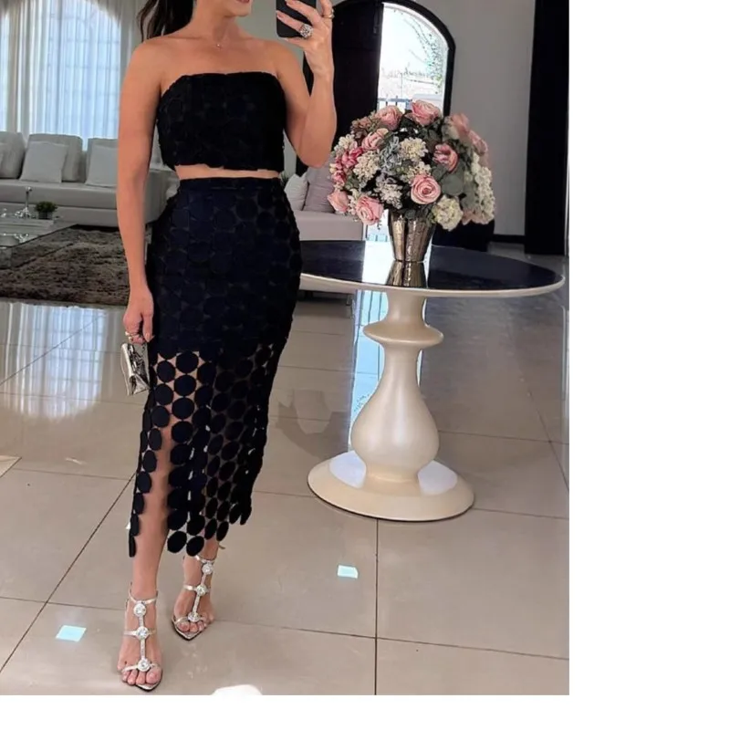 Women Fashion Sexy Two Piece Sets 2025 New Sleeveless Strapless Slim Fit Slit High Waist Long Skirt Elegant Evening Party Suits