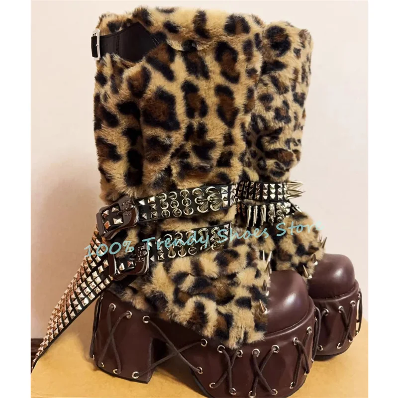 

Y2K/женские плюшевые теплые ботинки с леопардовым принтом, панк-заклепки, пряжка ремня, массивные туфли-лодочки на высоком каблуке с платформой, женские сапоги до колена с распашным декором