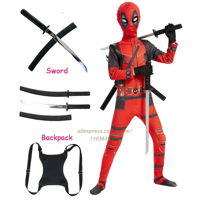 

Kids Deadpool Bodysuit Superhero Cosplay Jumpsuit Suit Boys Fantasy Peter Parker Dress Up Mask Costume With Sword Accessories