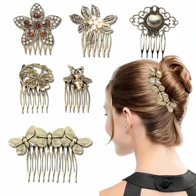 Hair Comb Vintage Leaf Flower Faux Pearl Alloy Gold Tone Elegant Lightweight Headpiece for Women Girls Daily Party Travel Gift