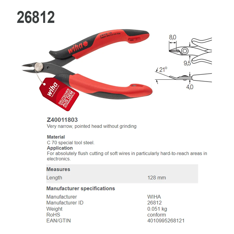 Wiha 26813 Electronic Diagonal Cutting Pliers Narrow, Pointed Head and Wire Trapping Spring Without Bevelled Edge