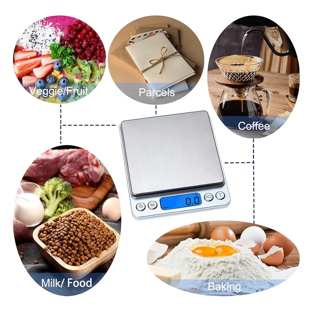 Digital Kitchen Scale 3000g/0.1g Jewelry Food Scales Stainless Steel Gram and Oz Electronic Scale with LCD for Cooking Baking