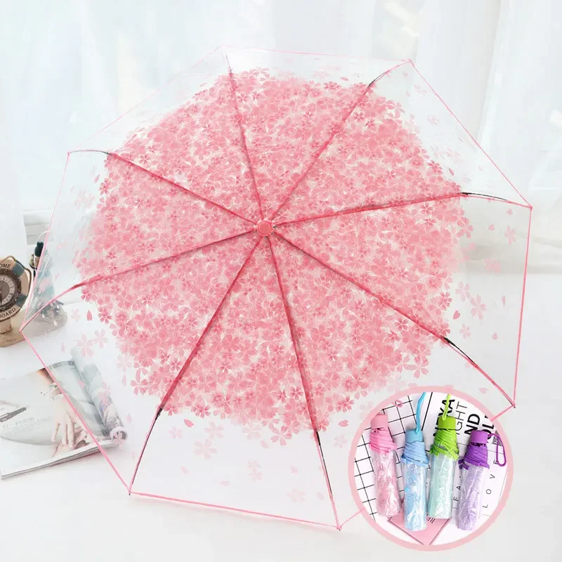 Korean Umbrella Cute Mini Fresh and Three-Fold Japanese Cherry Blossom Transparent Umbrella, Rainproof and Windproof