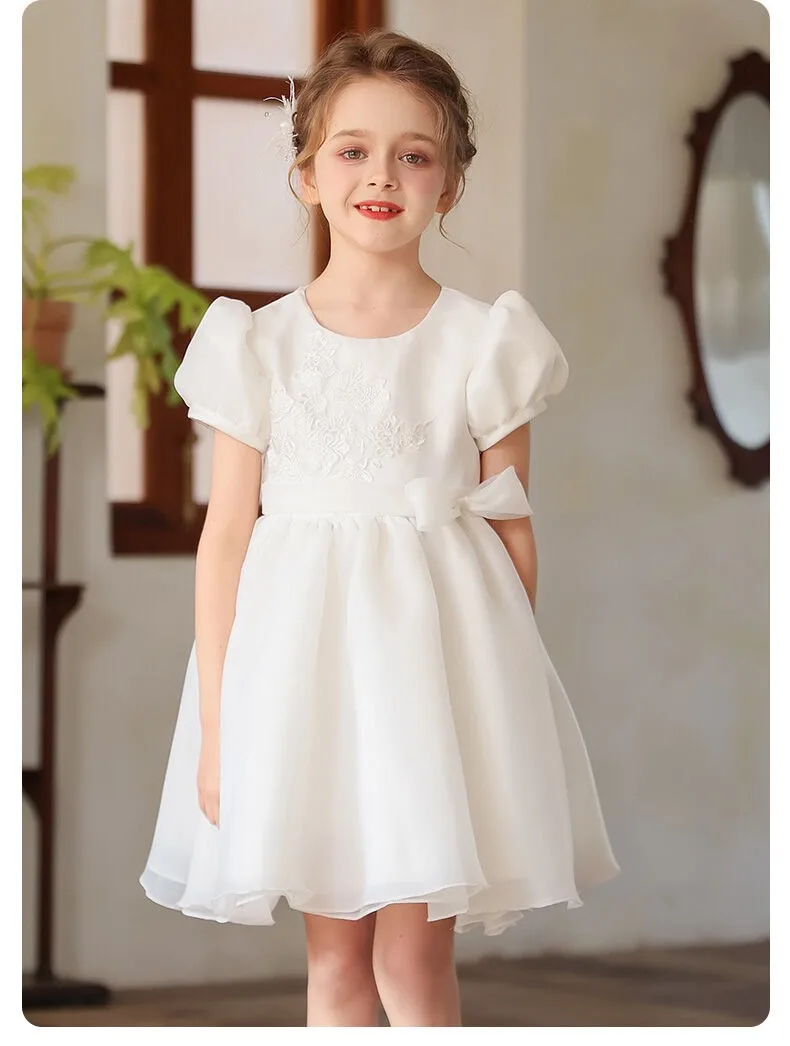 

Girls flower girl dress, white princess dress, lace embroidered puff sleeves, wedding flower girl dress, birthday party dress