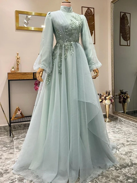 2024 Elegant Muslim Evening Dress Long Sleeves High Neck Beading Appliques Special Occasion Party Dress Tulle vestido de gala AliExpress