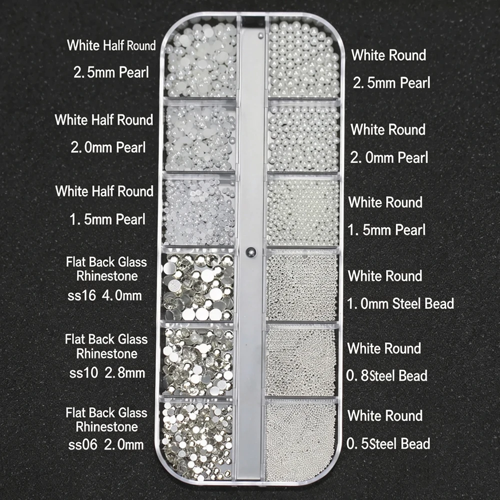 12-Gitter-Mix-Set mit Mini-Nagelperlen und Strasssteinen, 3D-Luxus-Silber-Kaviar-Mikroperlen & klaren Edelsteinen & Perlen-Nagelcharms, DIY-Schmuckteile – Detail 8