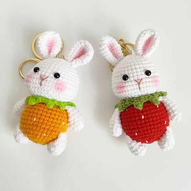 Pure Handmade Knitted Wool Strawberry Radish Rabbit Keychain Bunny Car Key Chain for Fashion Woman Bag Accessories Fashion Gift