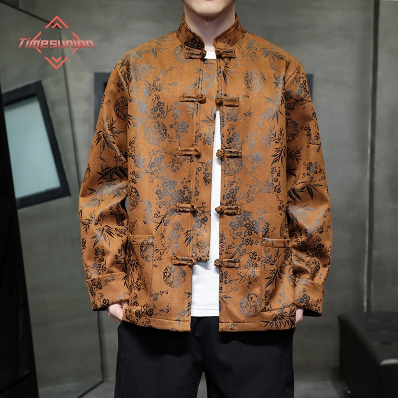 

New Chinese Traditional Men's Jacket Plus Size Tang Men's Deerskin Velvet Retro Print Coat Chinese Mountain Top Jackets