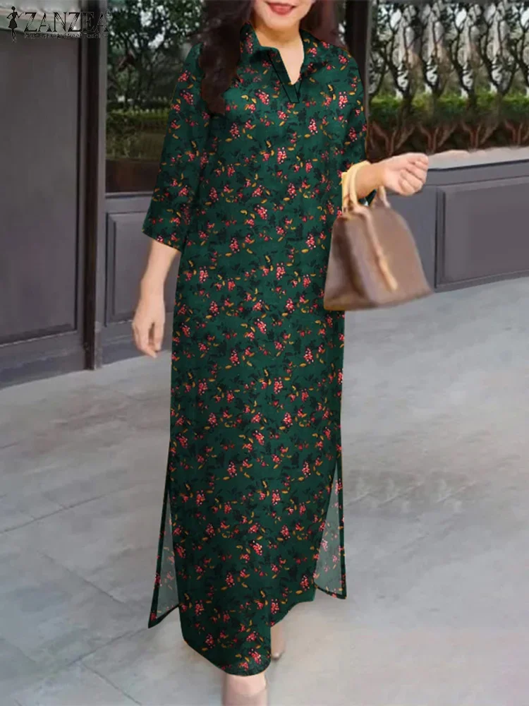 2025 Autunno Moda Abiti con stampa floreale ZANZEA Abito lungo da donna Vintage Manica 3/4 Lavoro Vestito estivo Robe Femme Abiti bohémien