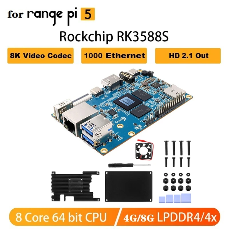 Voor Oranje Pi 5 Development Board + Metalen Case Kit Rk 3588S 8-Core Arm 64bit Ram 8K Gigabit Wifi + Bt Development Board