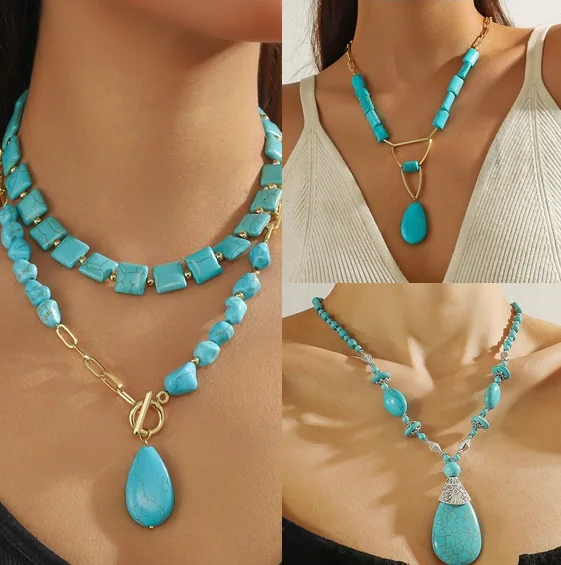 Ethnic Handmade Turquoise Beads Necklaces for Women Girls Multi-layer Geometric Pendant Necklace Party Jewelry Gifts
