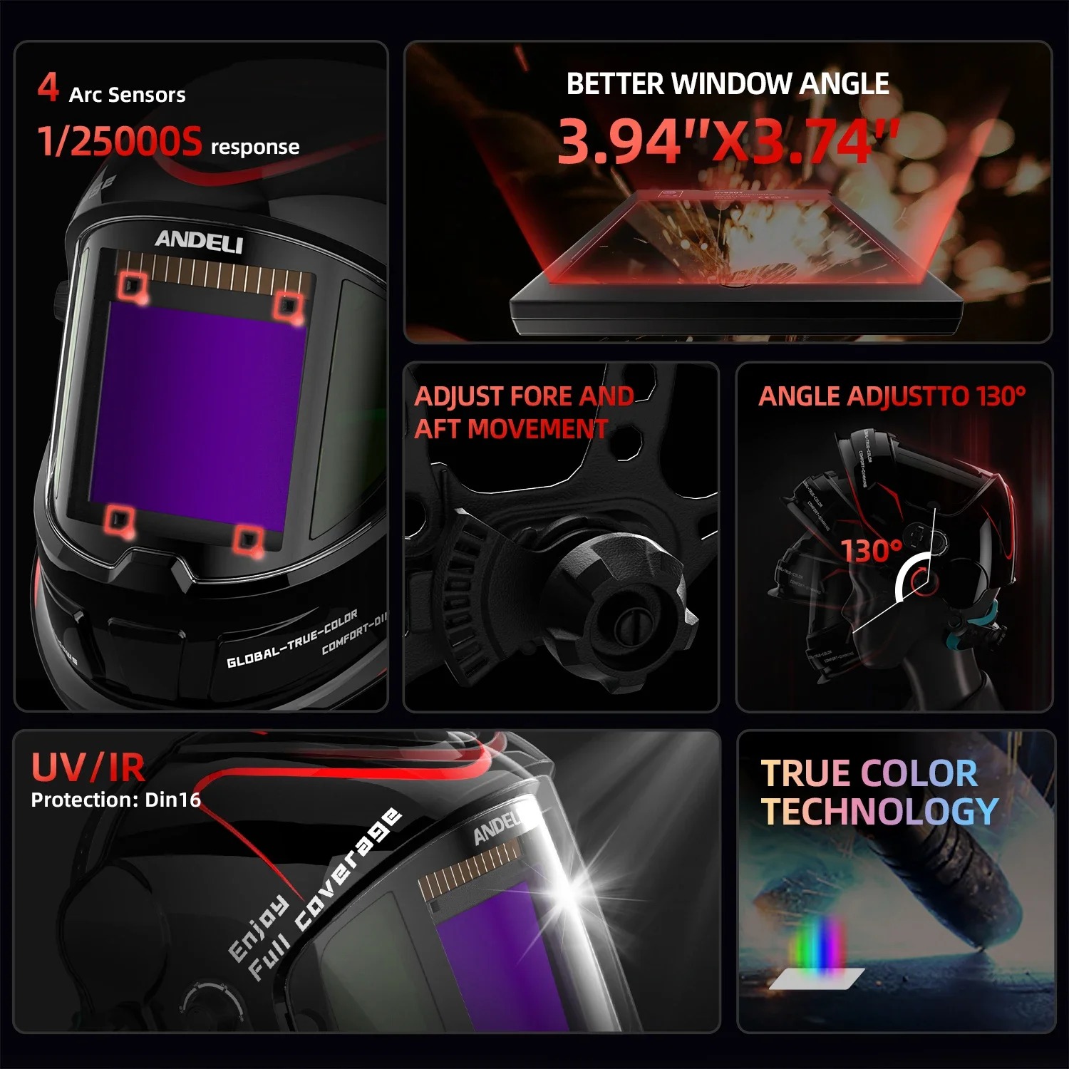 خوذة لحام ANDELI عرض كبيرة لون حقيقي يعمل بالطاقة الشمسية قناع لحام سواد تلقائي مع رؤية جانبية 4 مستشعر قوس لـ TIG MIG #6