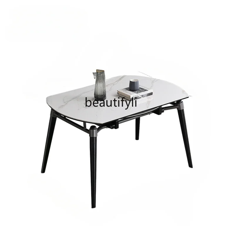 

S Simple Stone Plate Home Small Apartment Retractable Folding Integrated Dining Table Solid Wood Dining Tables and Chairs Set