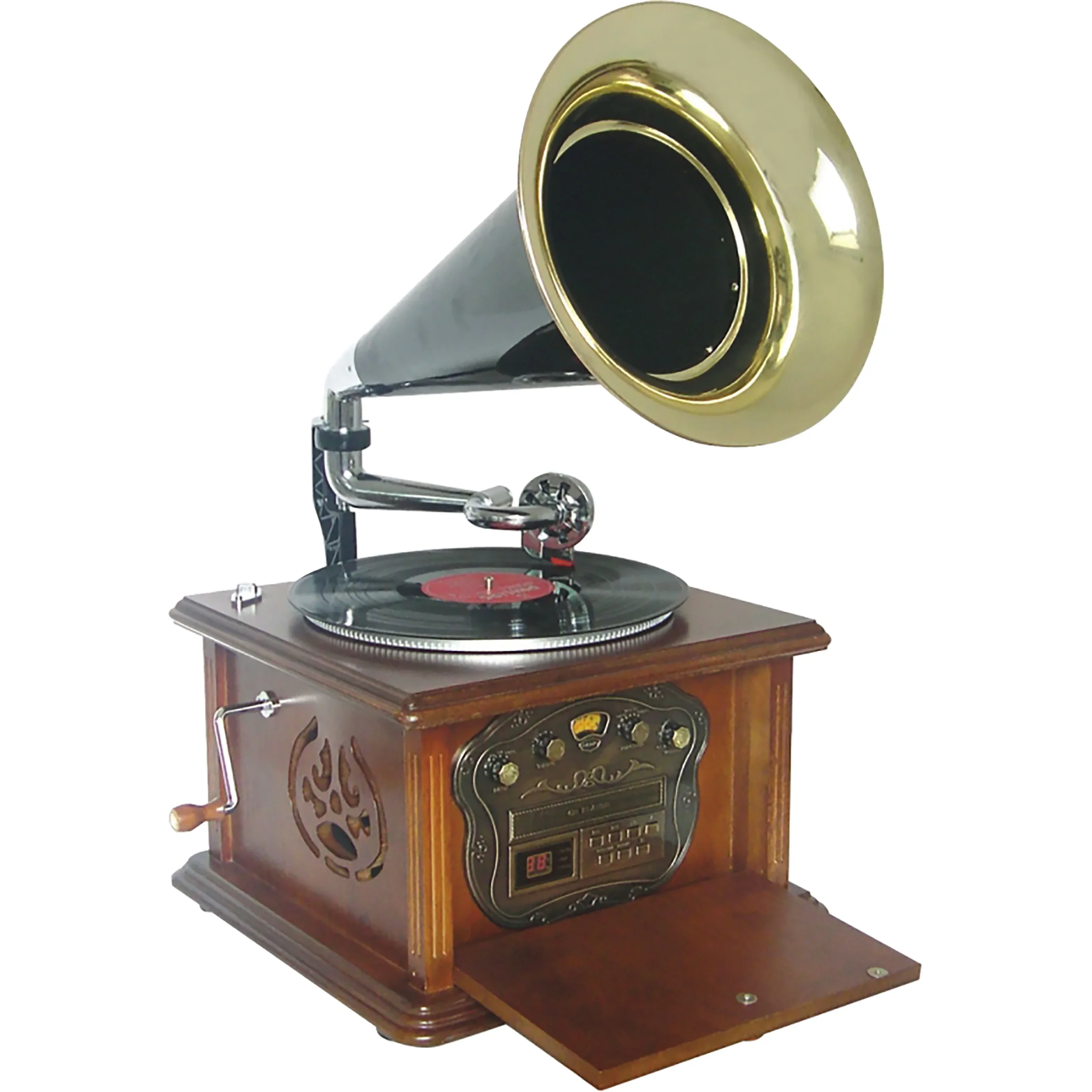 Portable Retro Turntable CD MP3 Player Built in FM AM Radio Small Round Bugle Speaker for Home Outdoor Audio Listening
