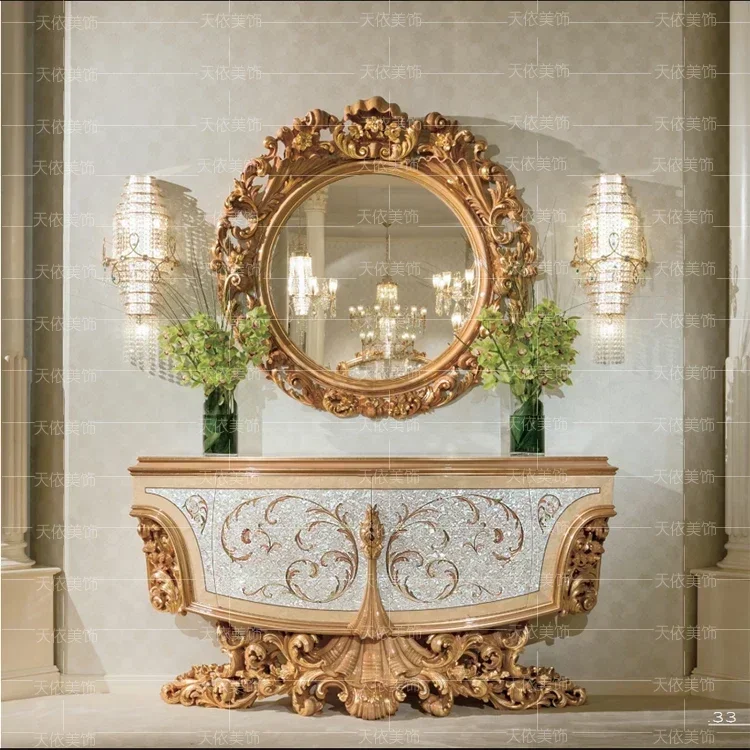 Italian luxury table side cabinet solid wood carved veneer shell double door glass display palace wine cabinet