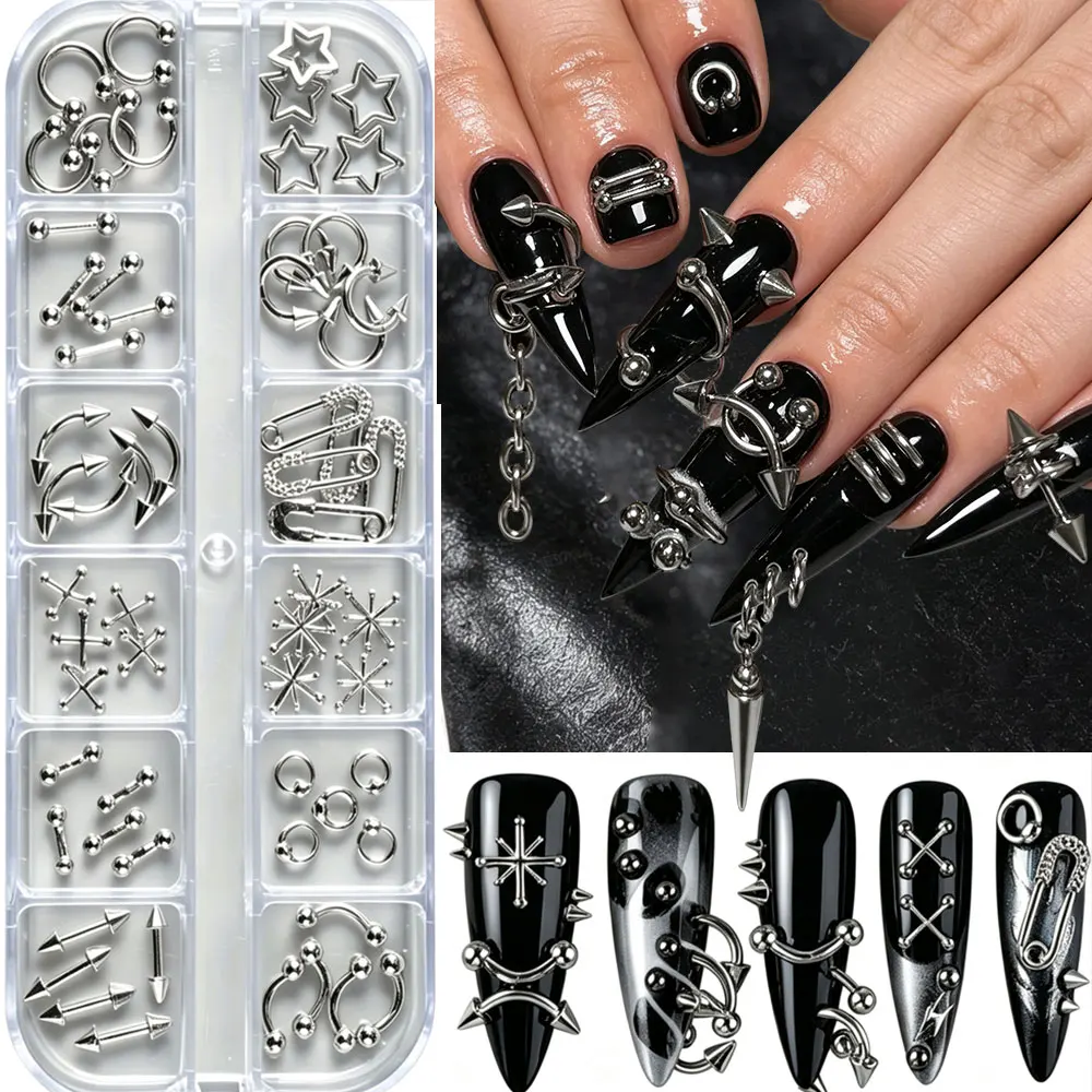 12Grid Punk Metal Nail Charms Gothic Spike Stud Nail Hoop Ring Chain Safety Pin Star Cross Nail Decoration DIY Manicure Supplies