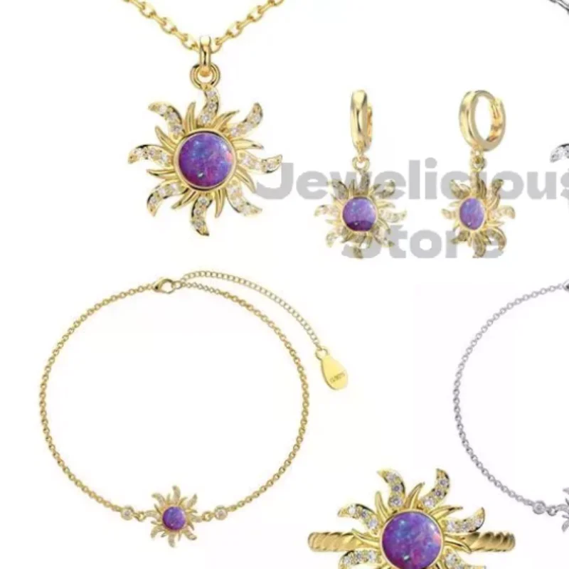 Sun Shaped Rhinestone Jewelry Set Fashion Necklace Earrings Bracelet Ring 4Pcs for Women Daily Party Wear Gift