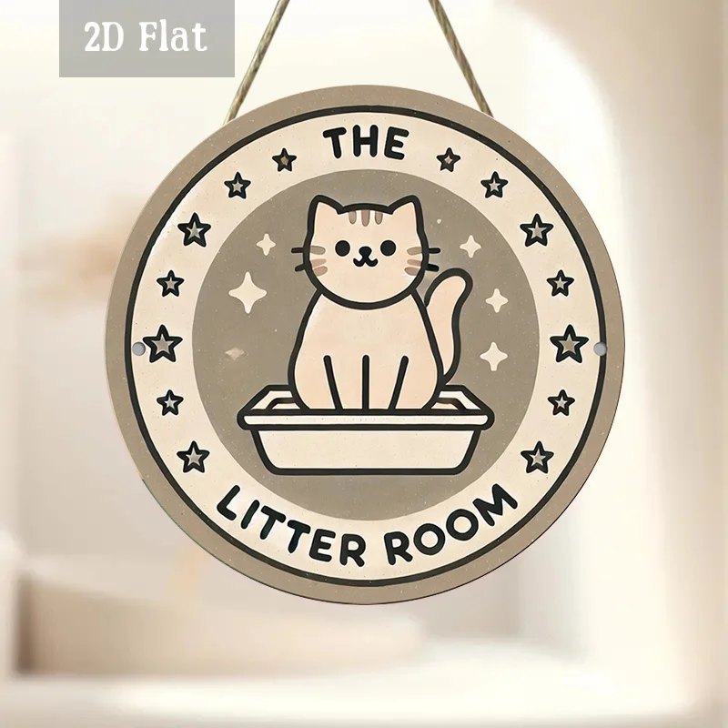 2D Flat - 1pc Cat-Themed Wooden Panel Artwork, Featuring a Whimsical Round Sign for a Litter Box. This Decorative Item Includes