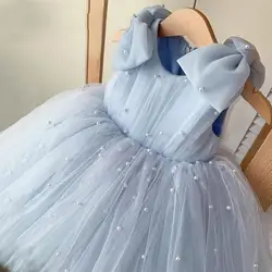 2024 Princess Flower Girls Dress for Wedding Kids Beading Tulle Ball Gown for 1st Birthday Party Children Ceremonial Dresses