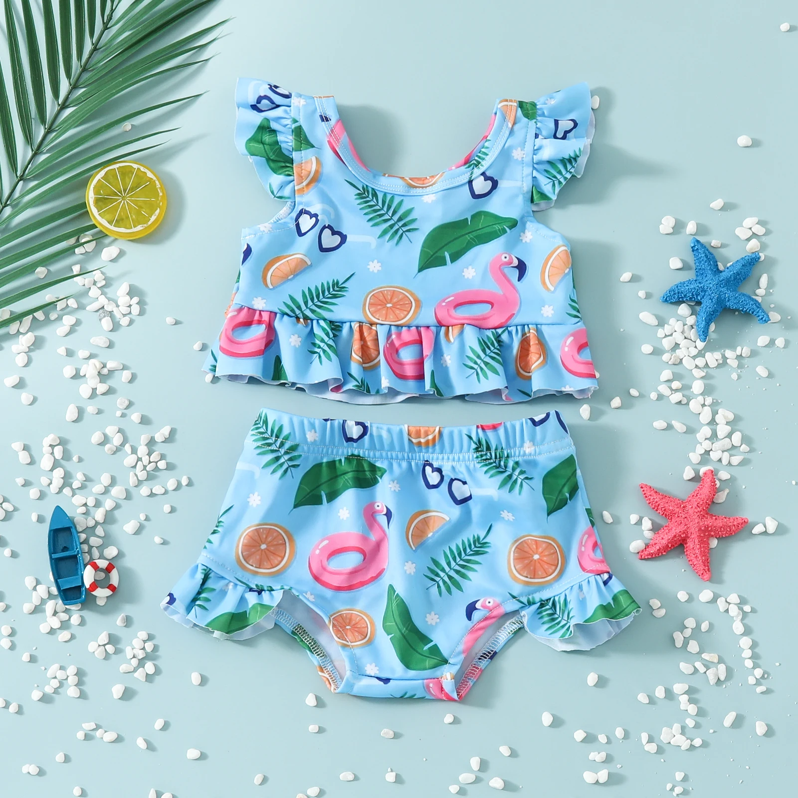 0-2 year old baby girls short two-piece swimsuit flying sleeve printed fruit top flounces short set swimming summer