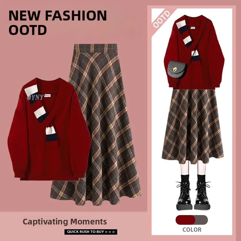 Herfst Winter Dames Zoet Ontwerp V-hals Gebreide Trui Geruite Rok Tweedelige Set Hoge Taille Midi Rok Trendy Sle
