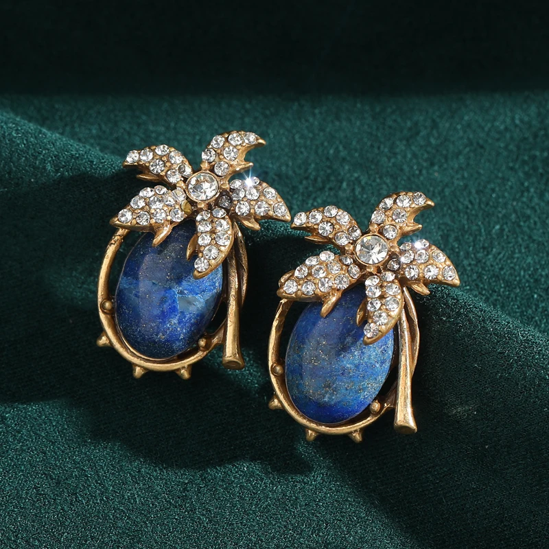 Vintage Rhinestones Encrusted Five Leaf Flower Oval Blue Stone Stud Earrings for Women Korean Style Antique Jewelry Accessories