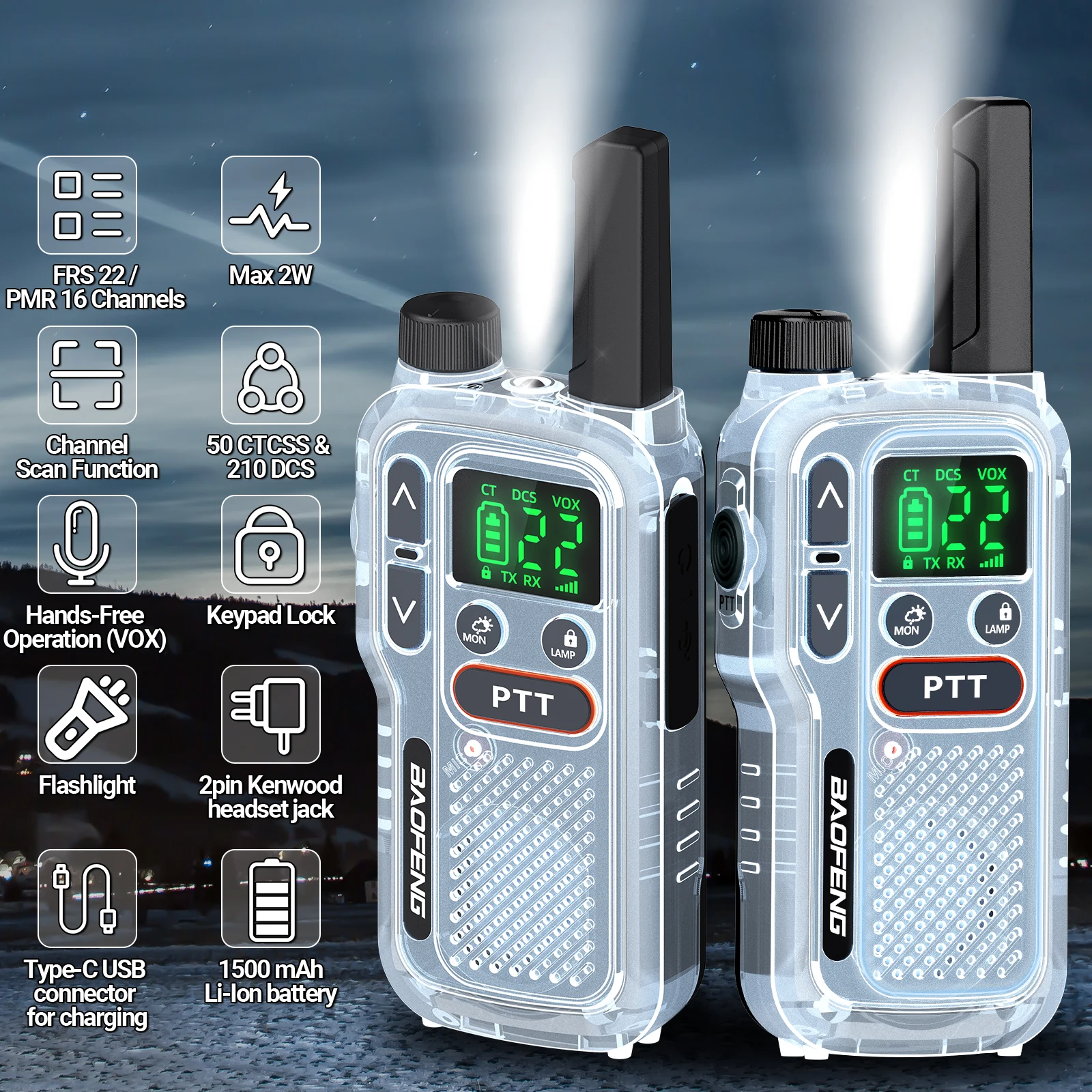 2PCS Baofeng BF-T18 Mini Dual PTT Walkie Talkie Portable PMR 446Mhz Flashlight NOAA For Camping Two Way Radio For F22 Ham Radio