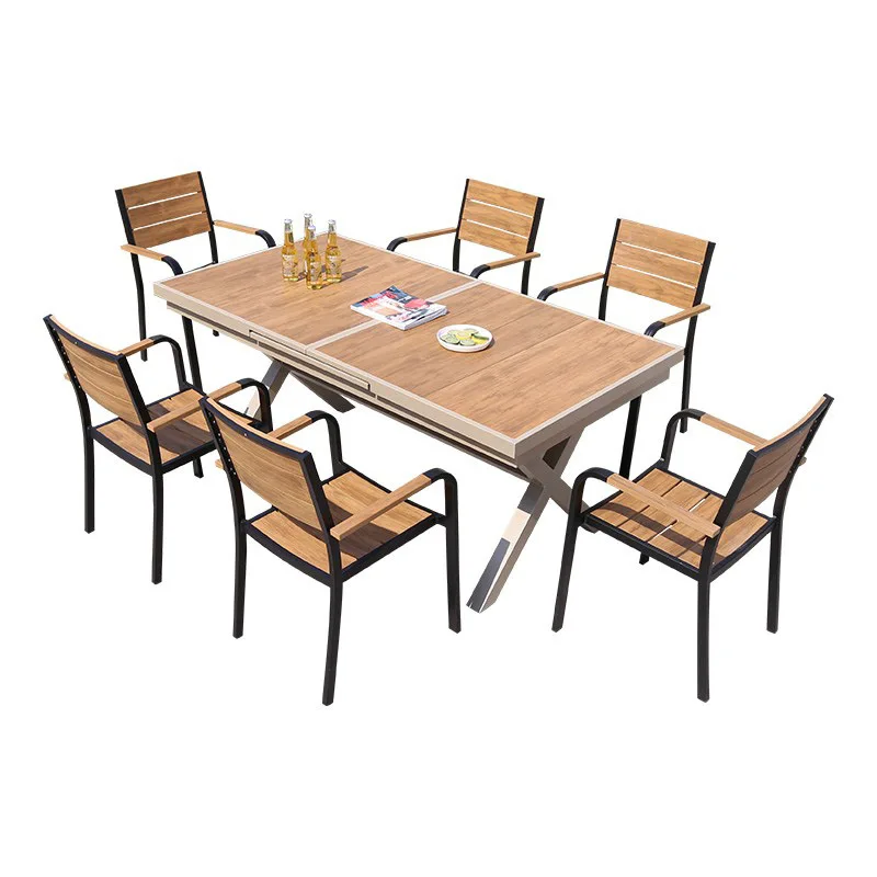 Modern Plastic Wood Restaurant Garden Tables And 6 Chairs Outdoor Furniture Waterproof Dinning Table Patio Furniture Set
