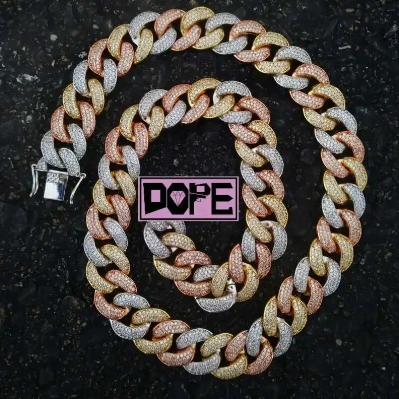 

Custom Iced Out VVS Hiphop 3 Color 18mm Miami Cuban Necklace 925 Sterling Silver Bling Cuban Chain