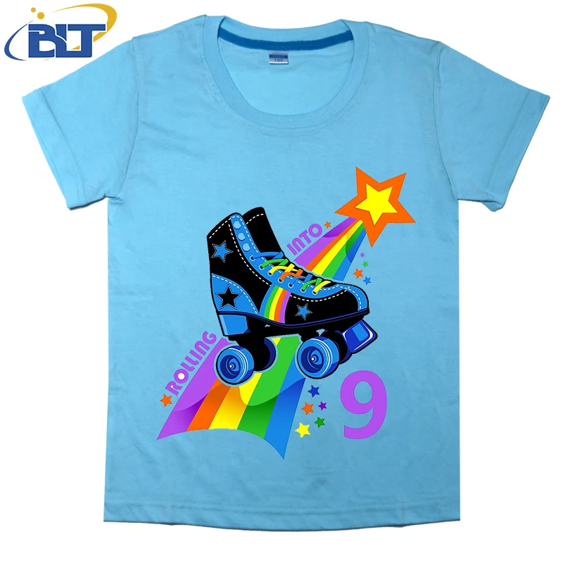 9th Birthday Roller skate cool printed kids T-shirt summer cotton short-sleeved casual top suitable for both boys and girls