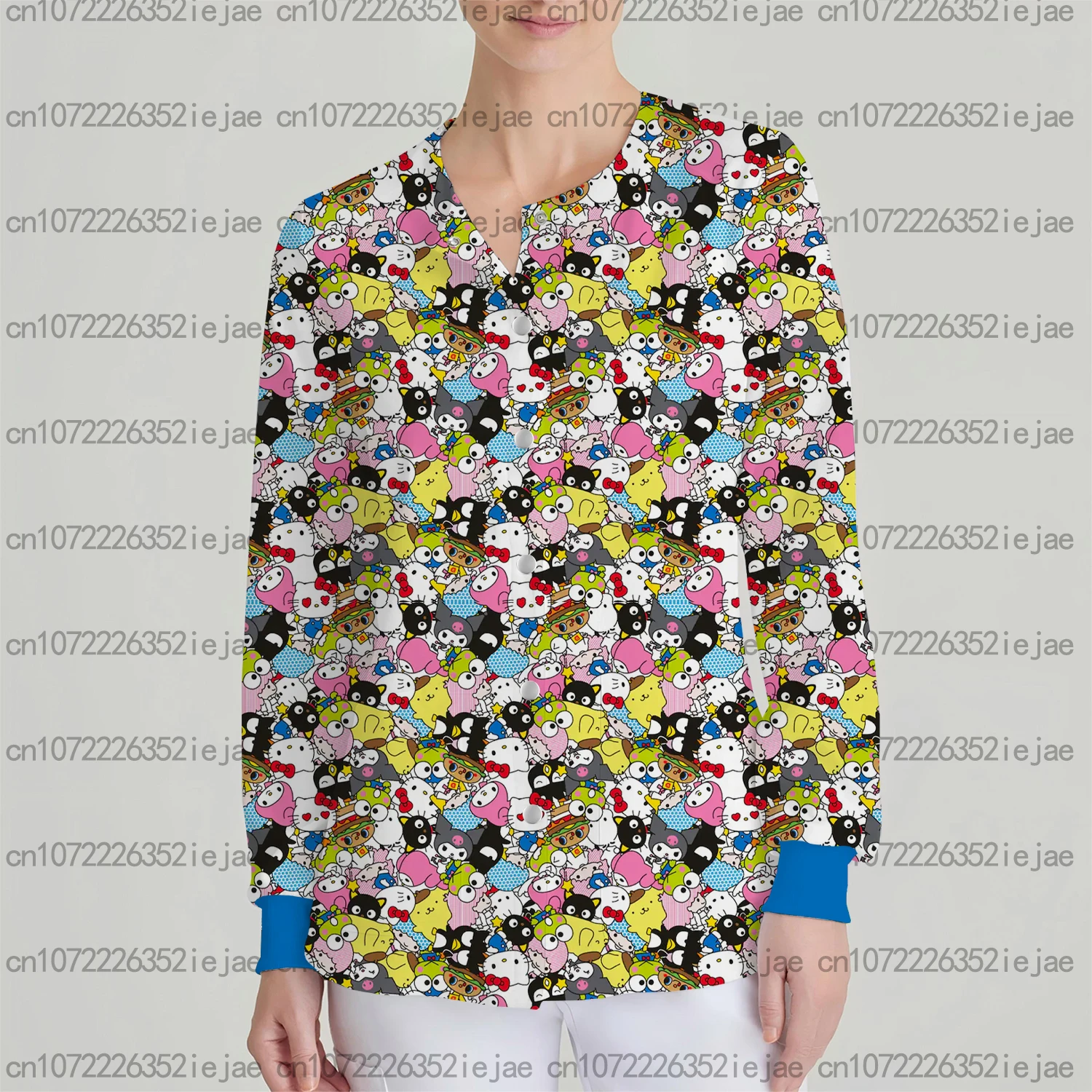 

Женская рабочая одежда серии Sanrio HelloKitty с милым принтом для салона красоты, осенне-зимняя матовая куртка с карманами и длинными рукавами