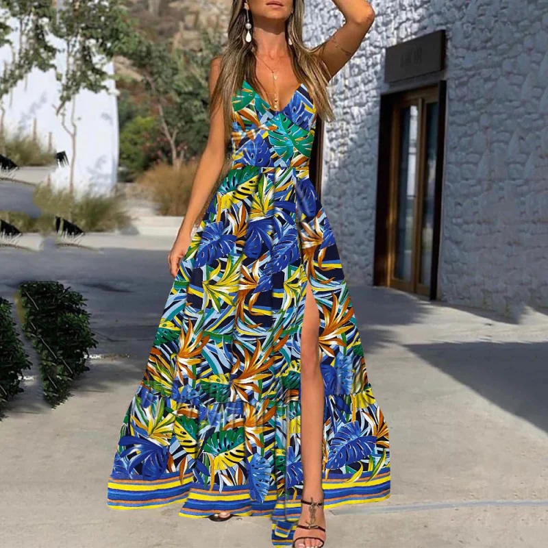 2024-Border Summer European and American Women's Clothing DressStrap Printed Leaves Beach Vacation Split Dres