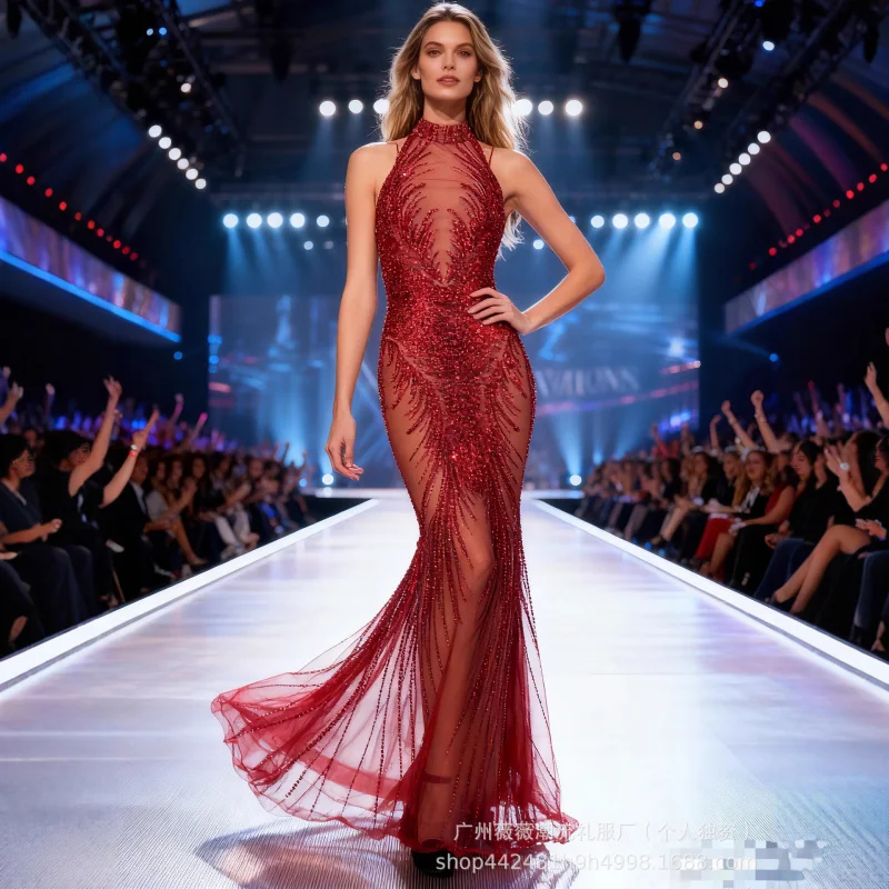 

New Arrival Women's Red Christmas High Neck Sequin Mesh Bodycon Mermaid Party Dress Evening Gown