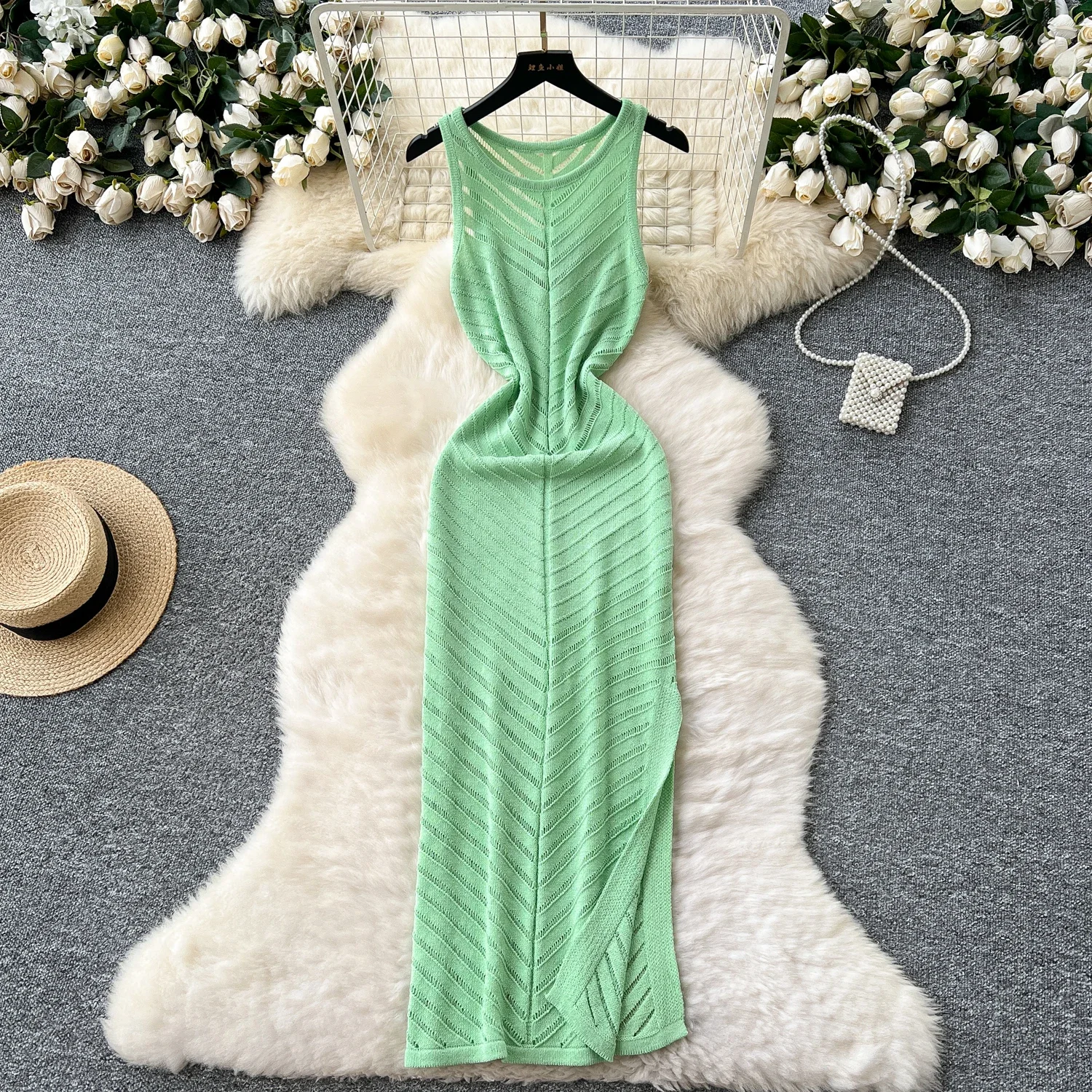 REALEFT ฤดูร้อน Elegant Hollow OUT ผู้หญิงถักชุด 2025 ใหม่แขนกุด O-คอลําลองด้านข้างแยกชุดหญิง