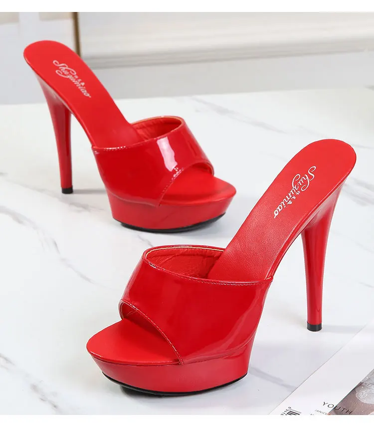 

Женские шлепанцы-мюли из лакированной кожи, сексуальные модные сандалии на каблуке 13 см, вечерние туфли для женщин, роскошные красные сандалии, летние удобные.