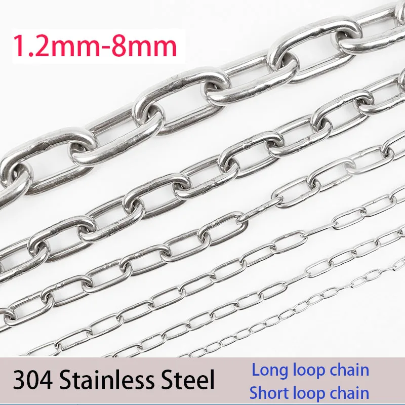 

1Meter 1.2-8mm Diameter 304 Stainless Steel Chain Long Link Chain/Short Link Chain Lifting Pet Industry Welded Binding Chain