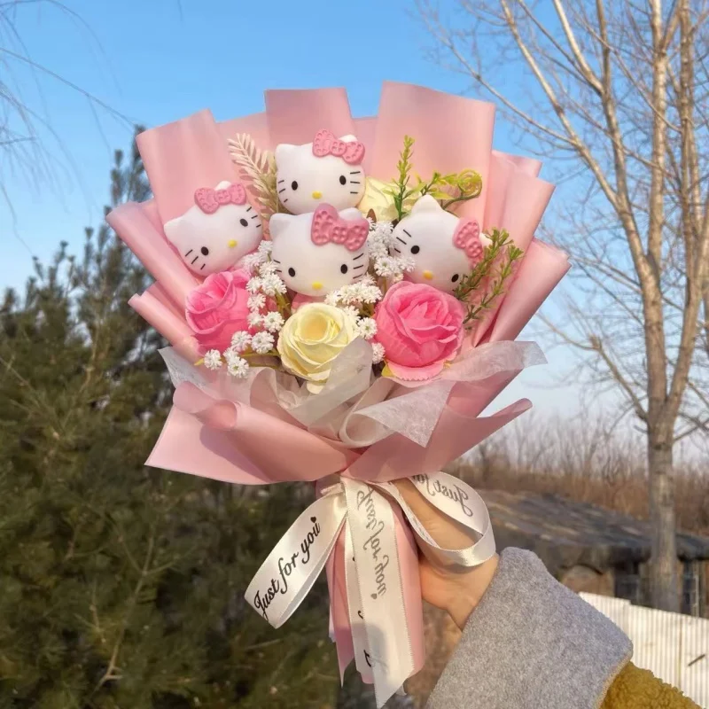 Hello Kitty mit künstlichen Blumen, handgefertigter romantischer Blumenstrauß, Geschenke für Mutter, Geburtstag, Valentinstag, Weihnachten, Abschlussfeier