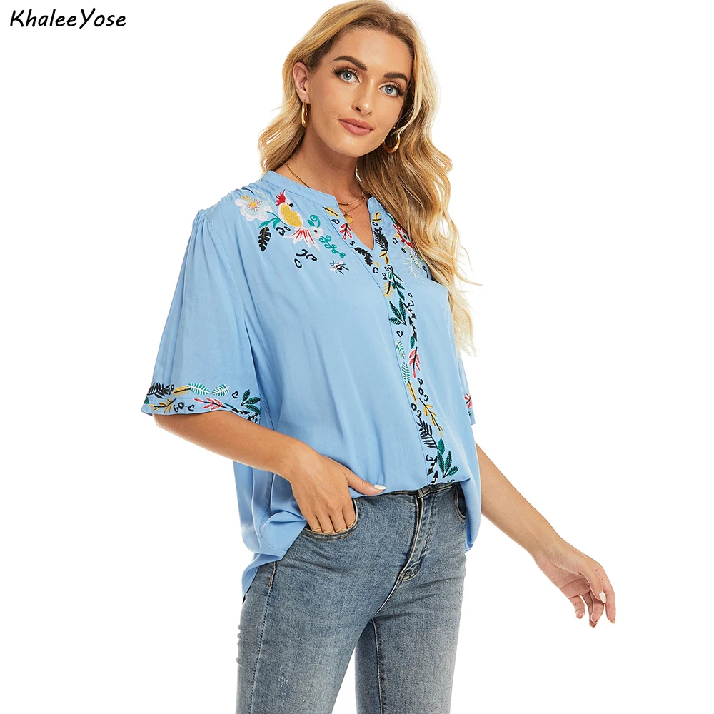 KHALEE YOSE Floral Embroidery Blouse Shirt Cotton Summer Chic Mexican Women Shirt Blue Loose 2xl 3xl Ethnic Ladies Shirt Tops