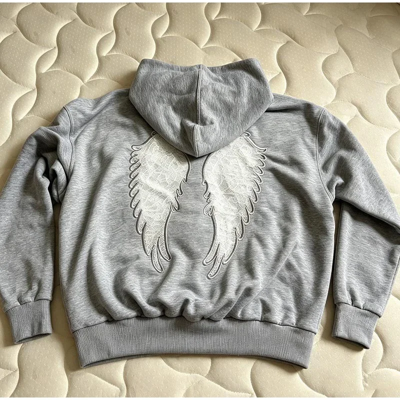 Damen-Oberteile, Oversize-Cropped-Hoodie-Pullover mit Rückenverzierung aus Spitze, Engelsflügel-Stickerei-Patch, Kapuzenpullover, Gothic-Langarmjacken – Detail 4